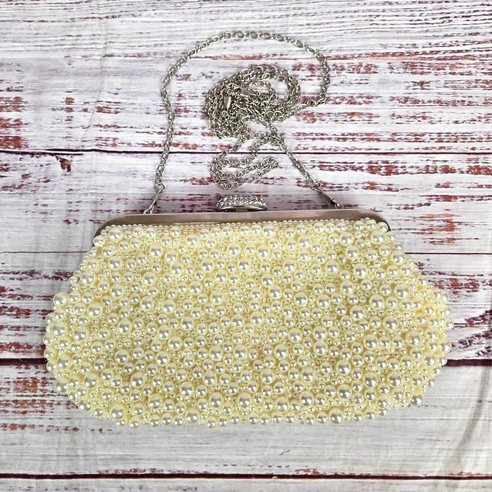 Faux Pearl Jeweled Clutch Purse Chain Strap Sophisticated Parisian Timeless Bag